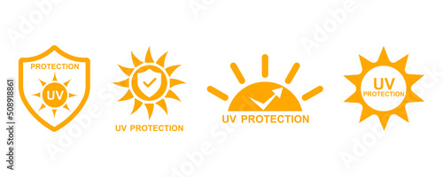 Uv protection vector icons set. Protection from sun radiation and ultraviolet. Shield from sun. UV logo. photo
