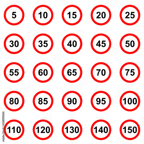 Speed Limit road sign vector collection. Set of road sign with restriction from 5 to 150 kilometer. Maximum speed drive.