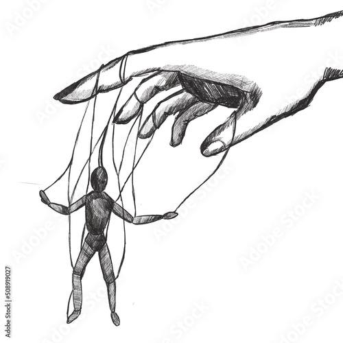 puppet, hand controls man, hand-drawn manipulation of the invisible hand