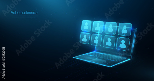 Video conference online meeting online group on a laptop. Work from home. Lines, triangles, and particle style designs. geometric wireframe. Vector illustration