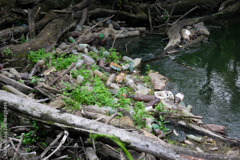 Obraz premium Blockage from Garbage in the River, Environmental Pollution
