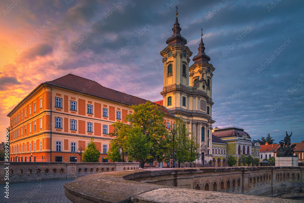Fototapeta premium Catholic church view from the bridge at dawn, Eger, Hungary