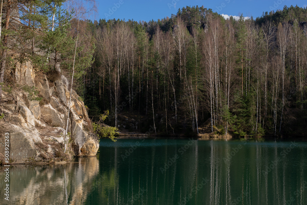 Beautiful nature of Adrspach-Teplice Rocks. National Park of Adrspach with Mountain Lakes and Sandstone Forms.
