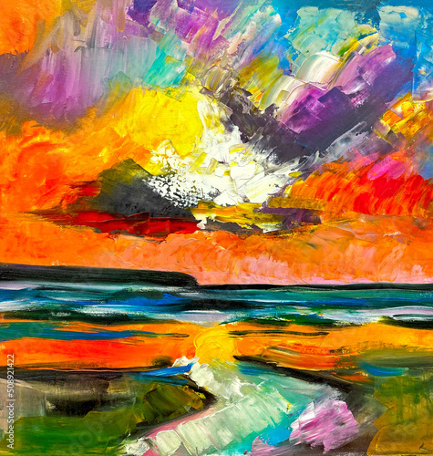 Original oil painting. Abstract seascape. Sunset paints. Textured and voluminous painting on canvas. Wall art. Contemporary artist's painting.  © Anna