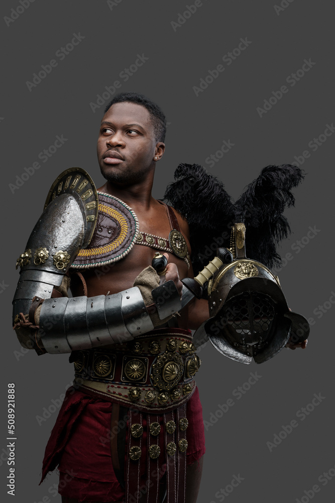 Portrait of ancient roman gladiator of african descent dressed in light ...
