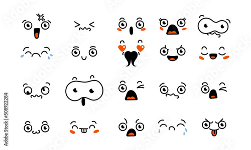 Various Cartoon Emoticons Set. Doodle faces, eyes and mouth. Caricature comic expressive emotions, smiling, crying and surprised character face expressions