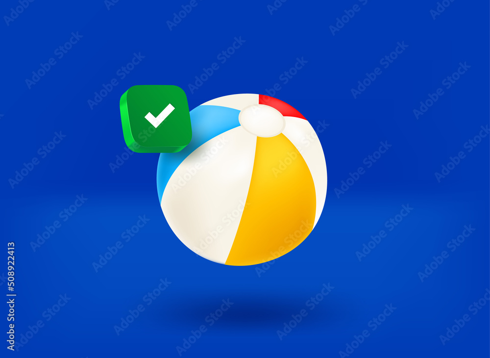 Rubber beach ball with checkmark icon. 3d vector illustration Rubber beach ball with checkmark icon. 3d vector illustration