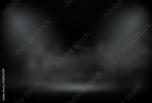 Dark studio with glowing projector lights and smoke. 3d vector illustration