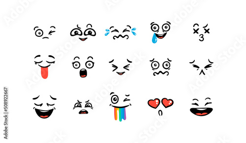 Various Cartoon Emoticons Set. Doodle faces, eyes and mouth. Caricature comic expressive emotions, smiling, crying and surprised character face expressions