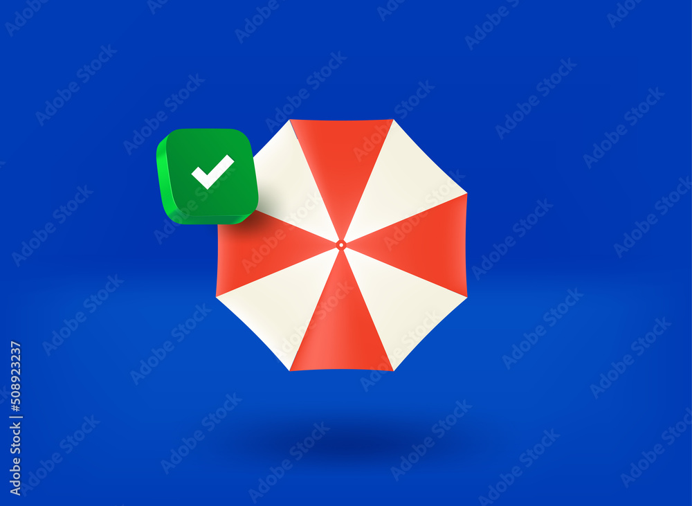 Sun umbrella with checkmark icon. 3d vector illustration