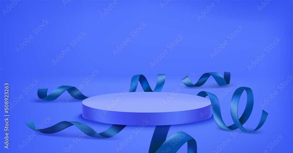 Blue room with podium and ribbons. Template for design. Vector 3d illustration