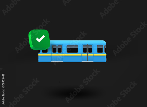 Blue train with checkmark icon. 3d vector illustration