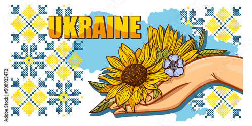 Patriotic Ukrainian Banner with traditional tribal ornament and hand holding bouquet of sunflowers and periwinkle.