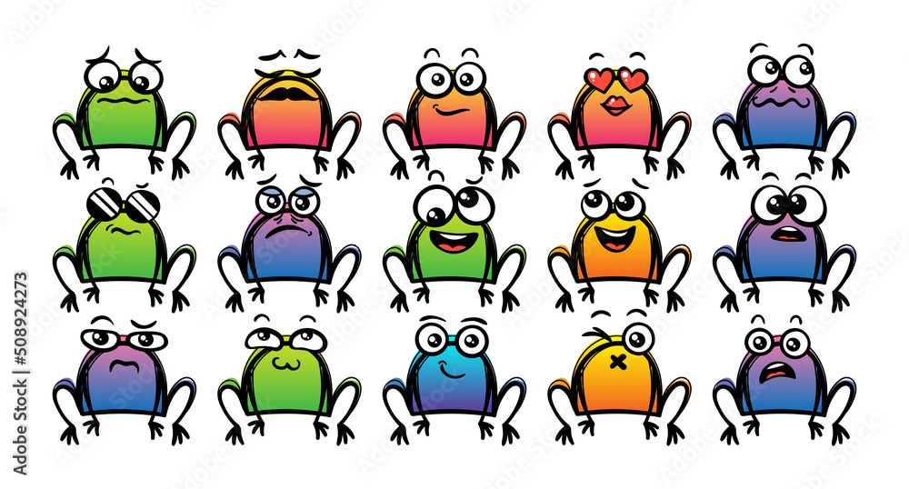 Various Cartoon Toads Set. Doodle faces, eyes and mouth. Caricature comic expressive emotions, smiling, crying and surprised character face expressions Various Cartoon Toads Set. Doodle faces, eyes and mouth. Caricature comic expressive emotions, smiling, crying and surprised character face expressions