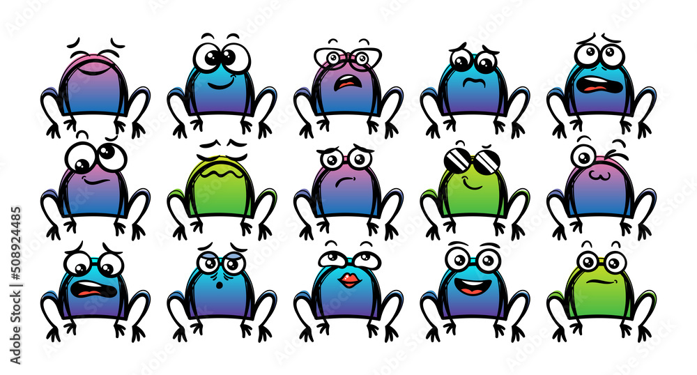 Various Cartoon Toads Set. Doodle faces, eyes and mouth. Caricature comic expressive emotions, smiling, crying and surprised character face expressions Various Cartoon Toads Set. Doodle faces, eyes and mouth. Caricature comic expressive emotions, smiling, crying and surprised character face expressions