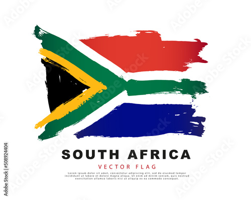 Flag of South Africa. Black, red, blue, green, white and yellow hand-drawn brush strokes. Vector illustration isolated on white background.