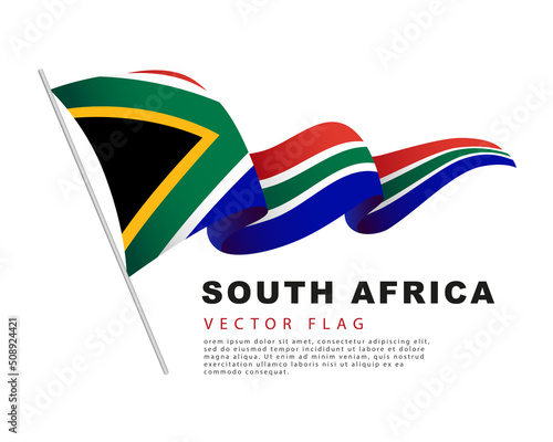 The flag of South Africa hangs on a flagpole and flutters in the wind. Vector illustration isolated on white background.