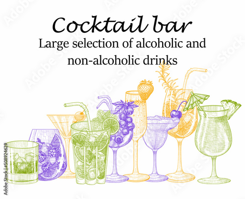 Vector template of a banner of cold drinks in the style of engraving. Graphic linear aperol spritz, mojito, strawberry champagne, berry cocktail, martini, iced whiskey, cherry margarita, pina colada