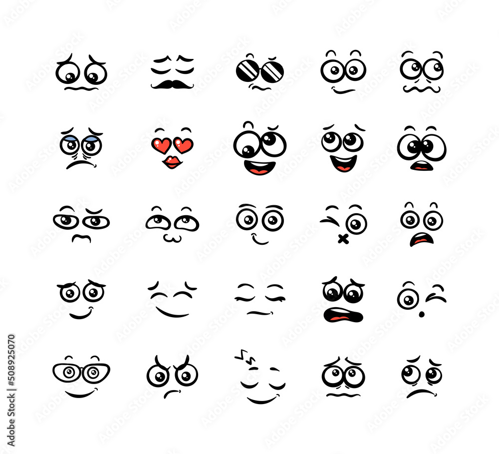 Various Cartoon Emoticons Set. Doodle faces, eyes and mouth. Caricature ...