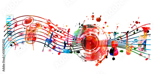 Colorful musical promotional poster with musical instruments and notes isolated vector illustration. Artistic playful design with vinyl disc for concert events, music festivals and shows, party flyer