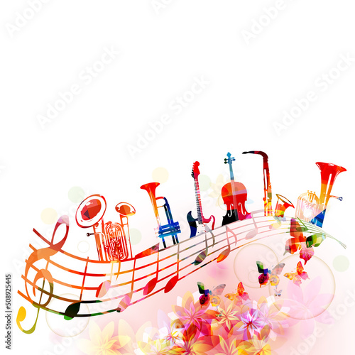  Colorful musical instruments bundle with musical notes and clef isolated vector illustration. Instruments collection poster for live concert events, music festivals, shows, performances, party flyer	