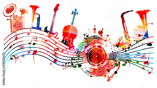 Colorful musical promotional poster with musical instruments and notes isolated vector illustration. Artistic playful design with vinyl disc for concert events, music festivals and shows, party flyer photo