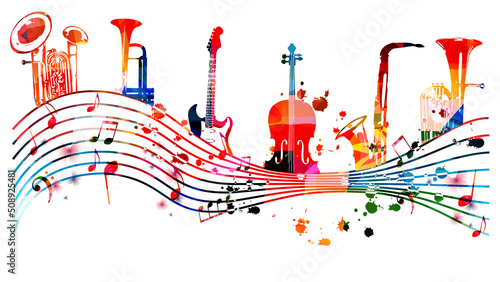  Colorful musical instruments bundle with musical notes isolated vector illustration. Instruments collection poster for live concert events, music festivals and shows, performances, party flyer	