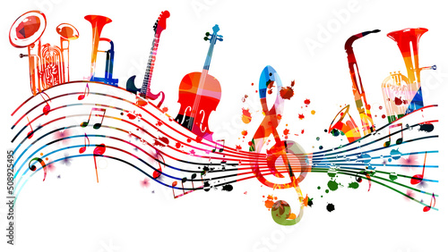  Colorful musical instruments bundle with musical notes and clef isolated vector illustration. Instruments collection poster for live concert events, music festivals, shows, performances, party flyer	