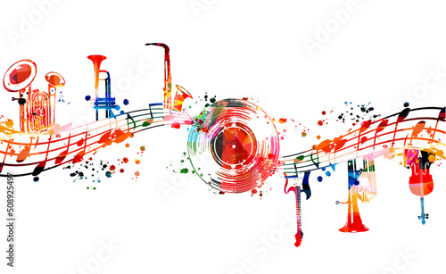  Colorful musical promotional poster with musical instruments and notes isolated vector illustration. Artistic playful design with vinyl disc for concert events, music festivals and shows, party flyer