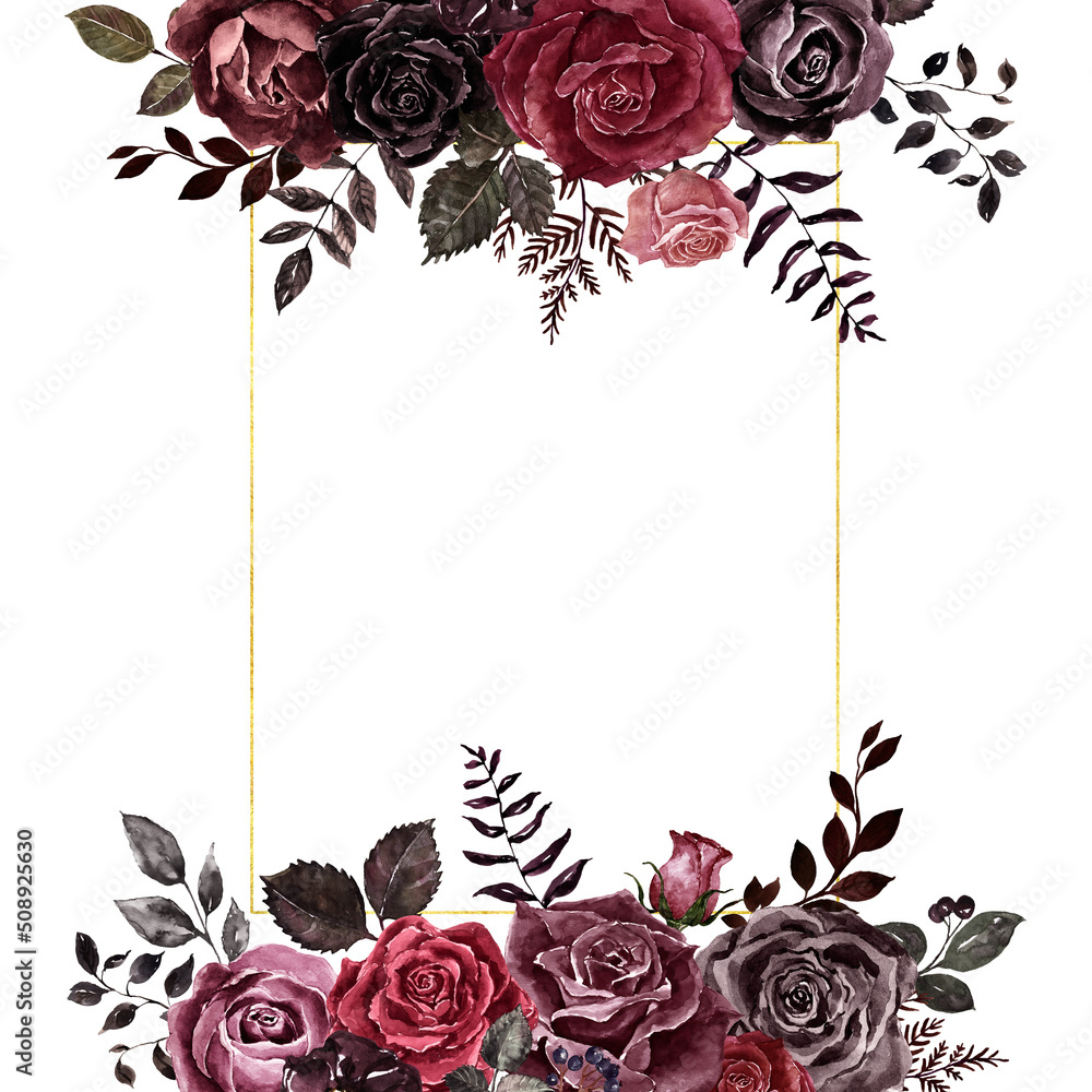 Ilustração do Stock: Floral border made in vintage Victorian goth style.  Watercolor burgundy, red, maroon, and black roses frame with space for  text. Halloween invitation template.