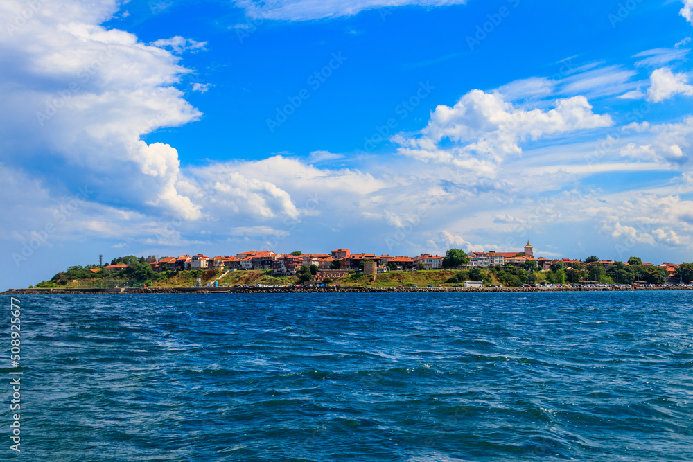 View of the old town of Nessebar and the Black sea, Bulgaria. View from a sea