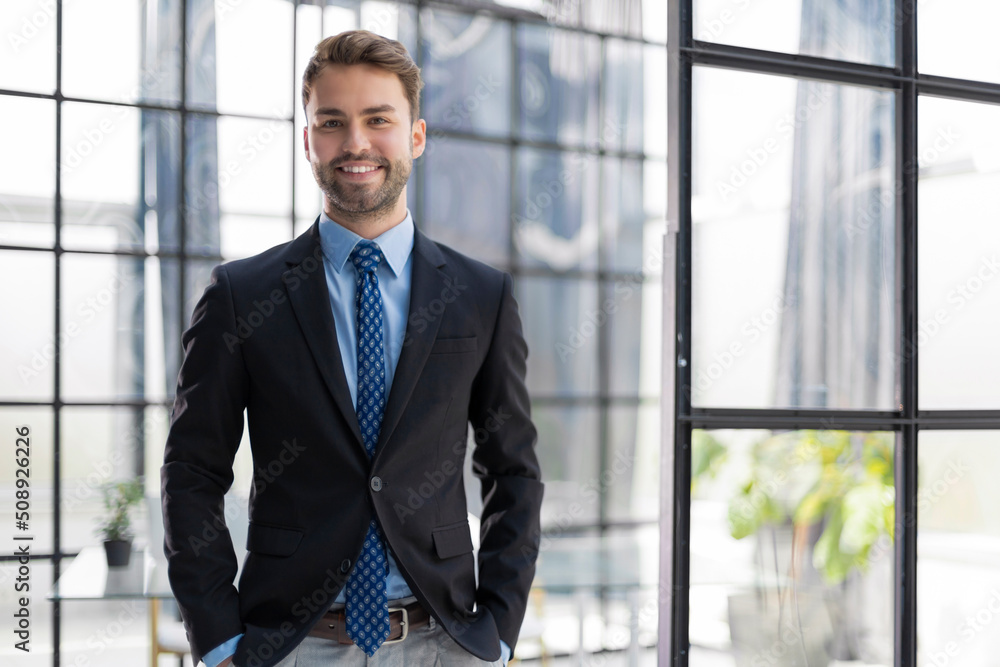 Handsome young businessman standing in modern office. Handsome young businessman standing in modern office.