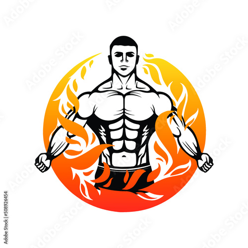 Bodybuilder with fire circle logo