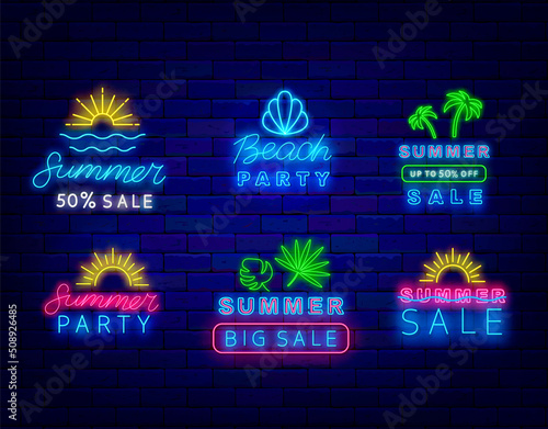 Summer sale neon signboards set. Beach party label. Season emblems pack. Special offer sign. Vector stock illustration