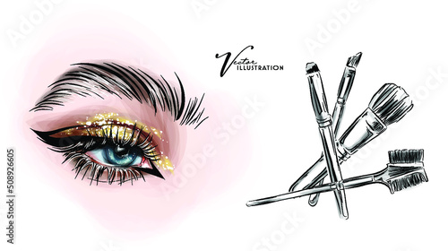 Vector watercolor hand drawn illustration of colorful women's eye and makeup brushes. 
