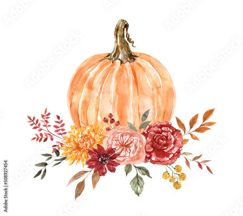 Beautiful watercolor floral pumpkin arrangement. Orange gourd with yellow, rust, and red fall flowers and leaves, isolated on white background. Thanksgiving bouquet. Harvest invitation template. photo