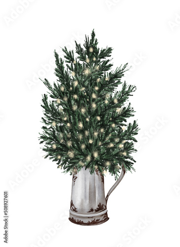 Watercolor illustration.Christmas winter holiday tree isolated on the white background