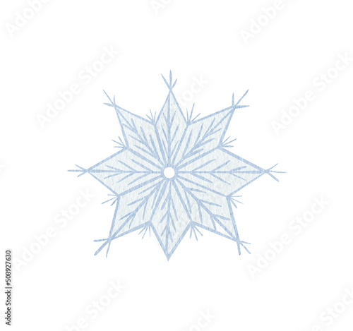 watercolor snowflake illustration. Holiday traditional decoration, sign of winter, cold weather, symbol of unique beauty. Hand painted drawing, isolated on white background.