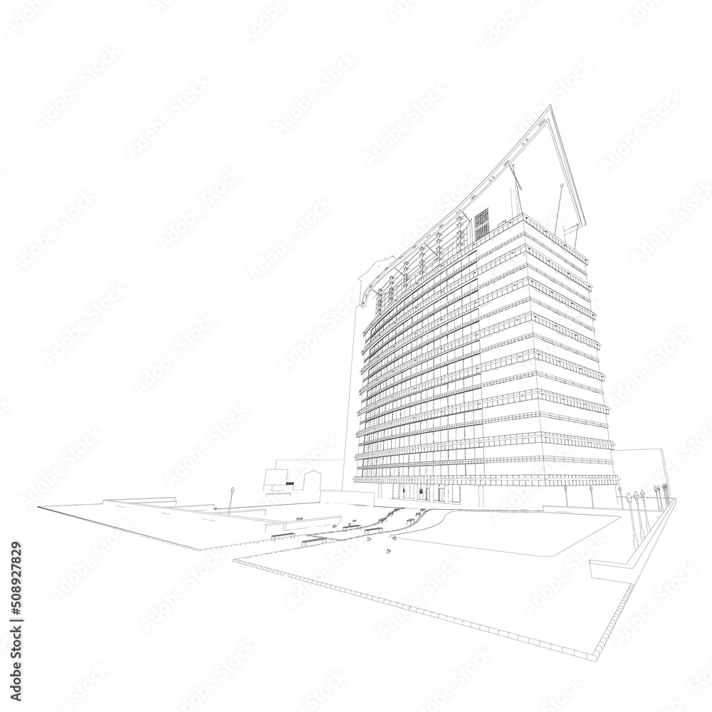 The contour of a modern multi-storey building from black lines isolated on a white background. Perspective view. 3D. Vector illustration.