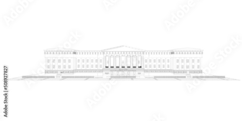 Outline of a large museum from black lines isolated on a white background. Front view. Vector illustration.