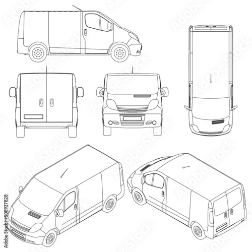 Set with outlines of a van from black lines isolated on a white background. Front view, isometric. side, top, back. Vector illustration.