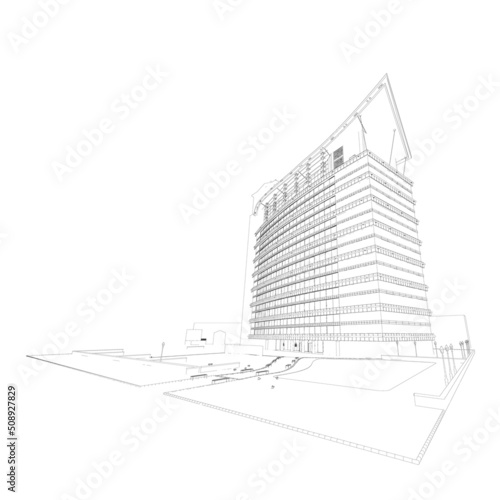 The contour of a modern multi-storey building from black lines isolated on a white background. Perspective view. 3D. Vector illustration.