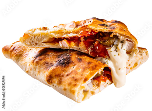 calzone pizza folded in half with meat, vegetables and cheese isolated on white background photo