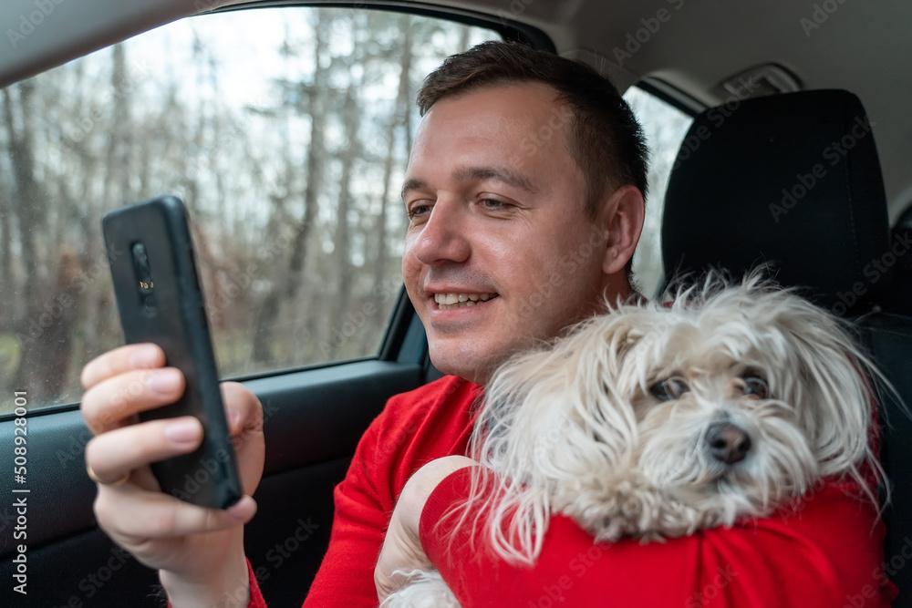 Attractive man making selfie photos with his lapdog, smiles and looking at phone in taxi in passenger seat. Owner of fluffy Chinese crested dog travels by car. Travel with pet concept. Attractive man making selfie photos with his lapdog, smiles and looking at phone in taxi in passenger seat. Owner of fluffy Chinese crested dog travels by car. Travel with pet concept.