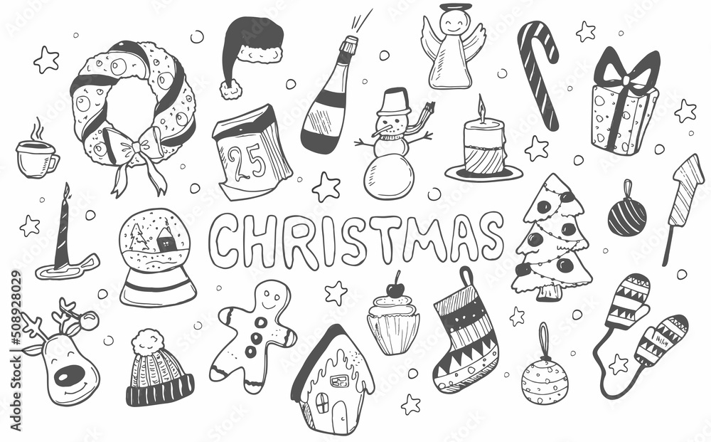 Set of Christmas design element in doodle style. Vector line icons Set of Christmas design element in doodle style. Vector line icons