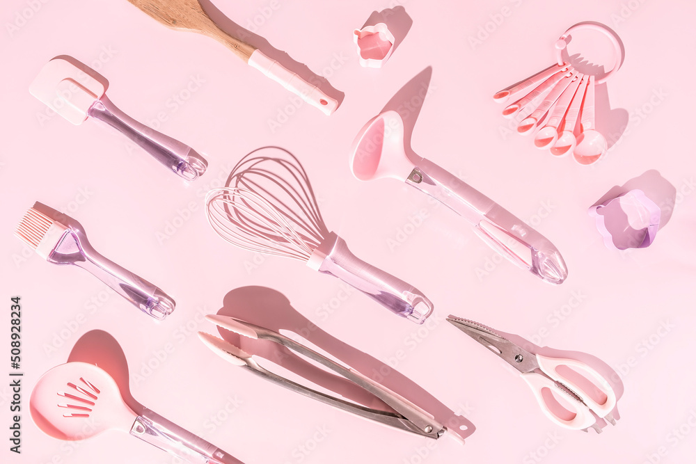Pattern of mix pink kitchen utensils on light pastel pink background, flat  lay, top view Stock Photo | Adobe Stock