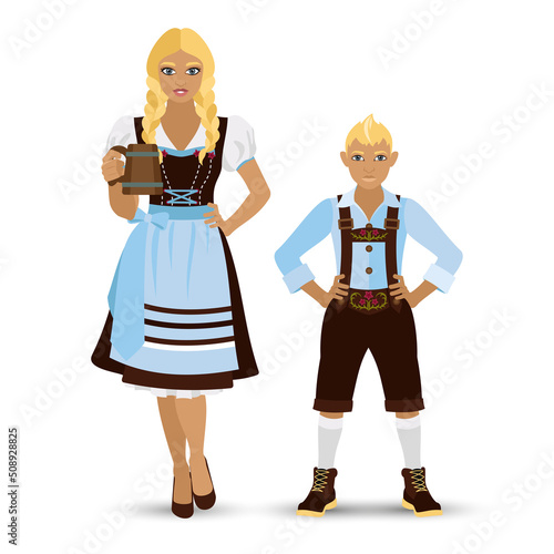 German folk costume Dirndl. A woman with two braids holds a wooden mug in her hand and a little boy in national costumes. Fashion vector illustration.