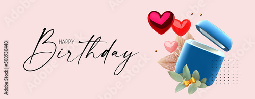 Happy Birthday! Opened 3D gift box with balloon, stars, hearts, and leaves. Birthday, win and bonus design.