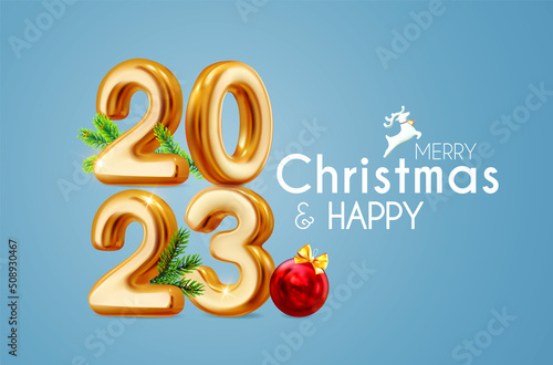 Happy new 2023 Year! 3D gold text with reflections, red ball and fir tree branches