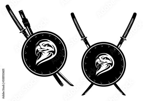 falcon or hawk bird head with japanese samurai katana swords and round metal shield for security concept black and white vector emblem design set